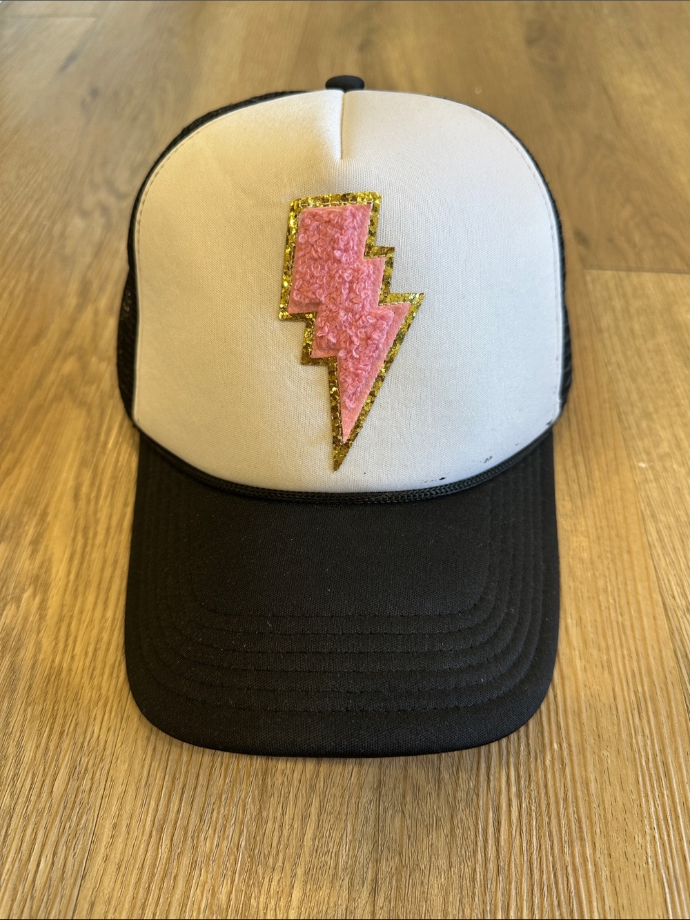 White & Black Trucker Hat with Pink Glitter Lightning Patch